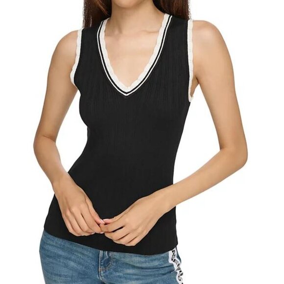 Karl Lagerfeld Paris Scalloped Trim Ribbed Tank - Black, Size Small, NWT - Picture 4 of 6